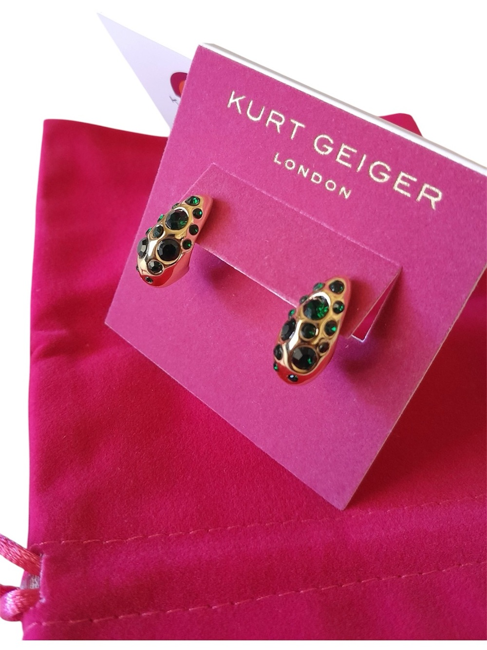 Kurt Geiger London Bombay Chunky Pave CZ Dome Hoop Earrings Green Emerald NWT